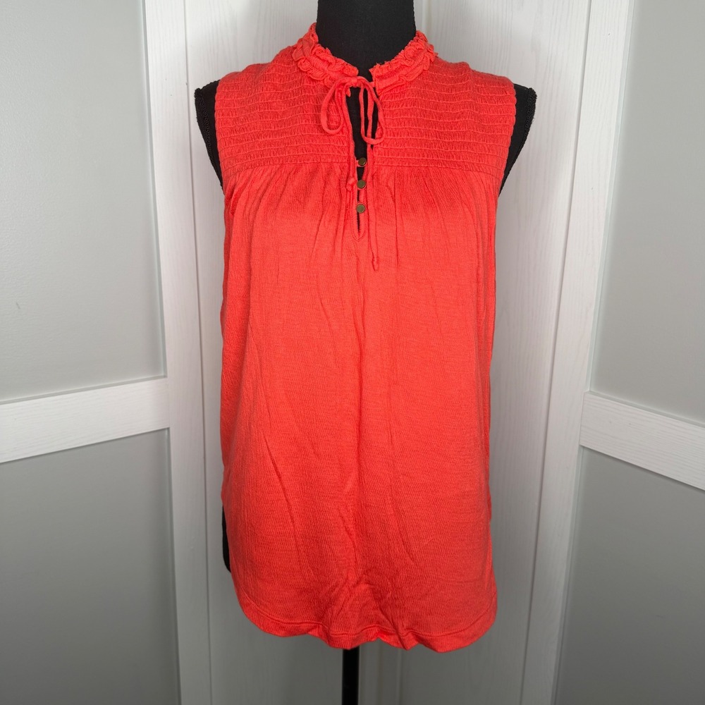 Lucky Brand Sleeveless Top Womens XS Orange Smocked Ruffle Neck Keyhole 5058